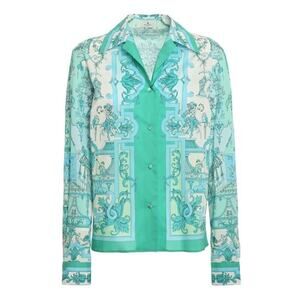 Etro Milano Baroque Print Stretch Cotton Collared LS Blouse Top Size 40 US S NWT